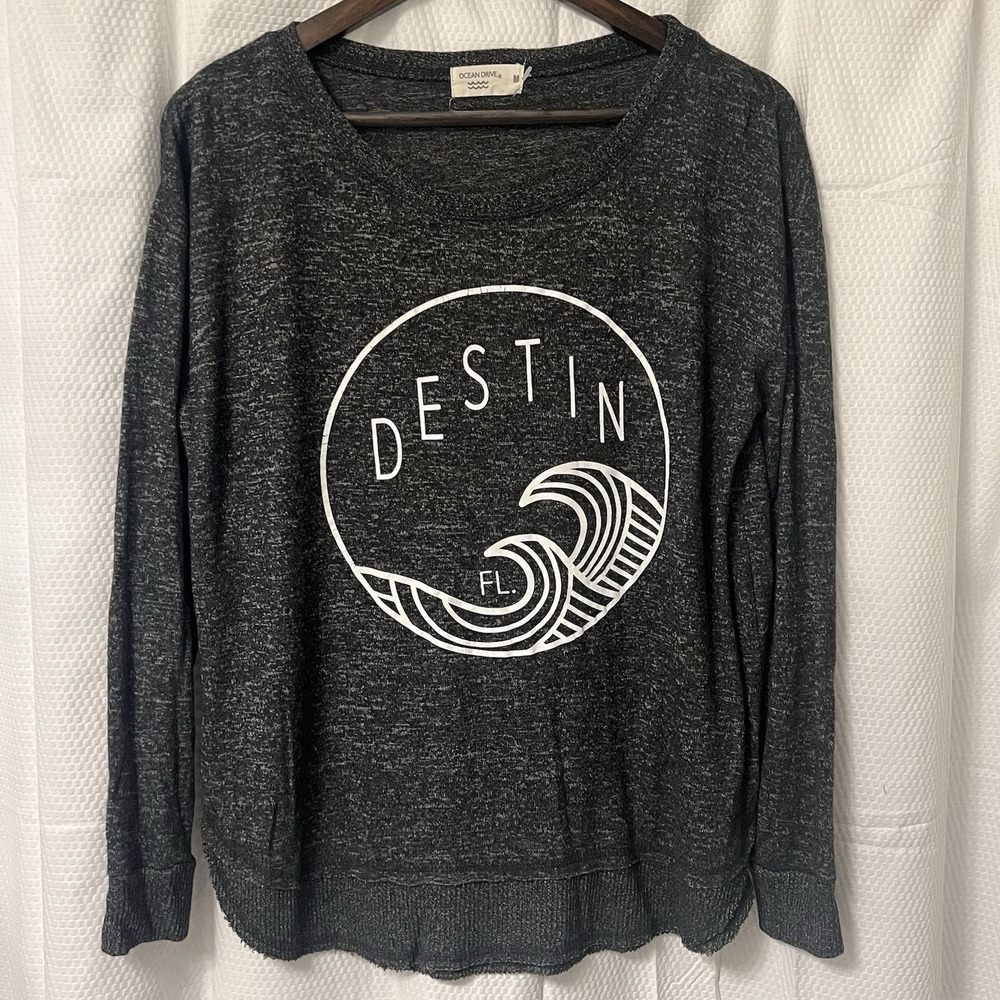 Ocean Drive Destin Florida Long Sleeve Tourist Medium Gray Black NWOT Beach Boho